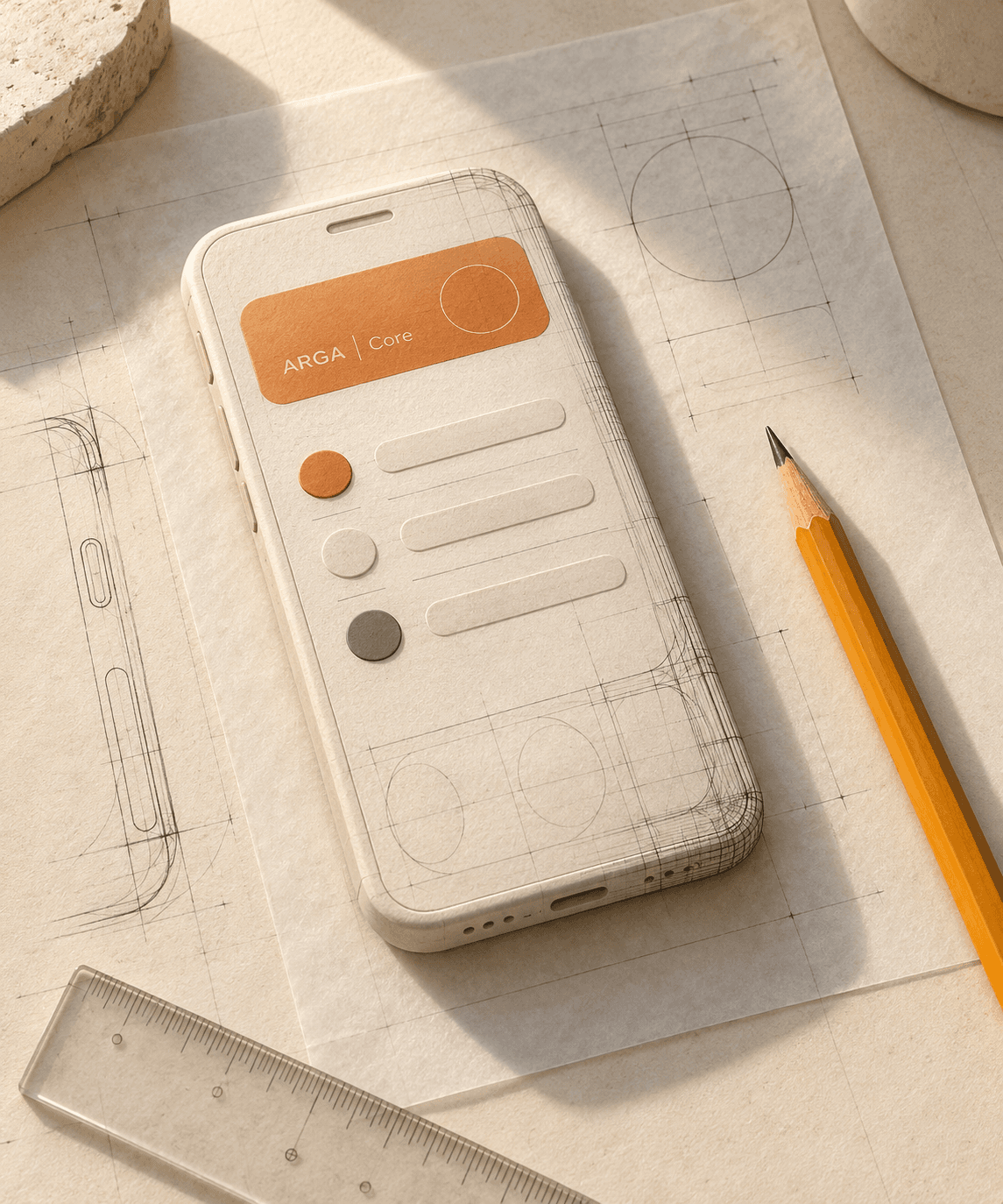 An ivory ARGA Core interface prototype on drafting paper beside a yellow pencil.