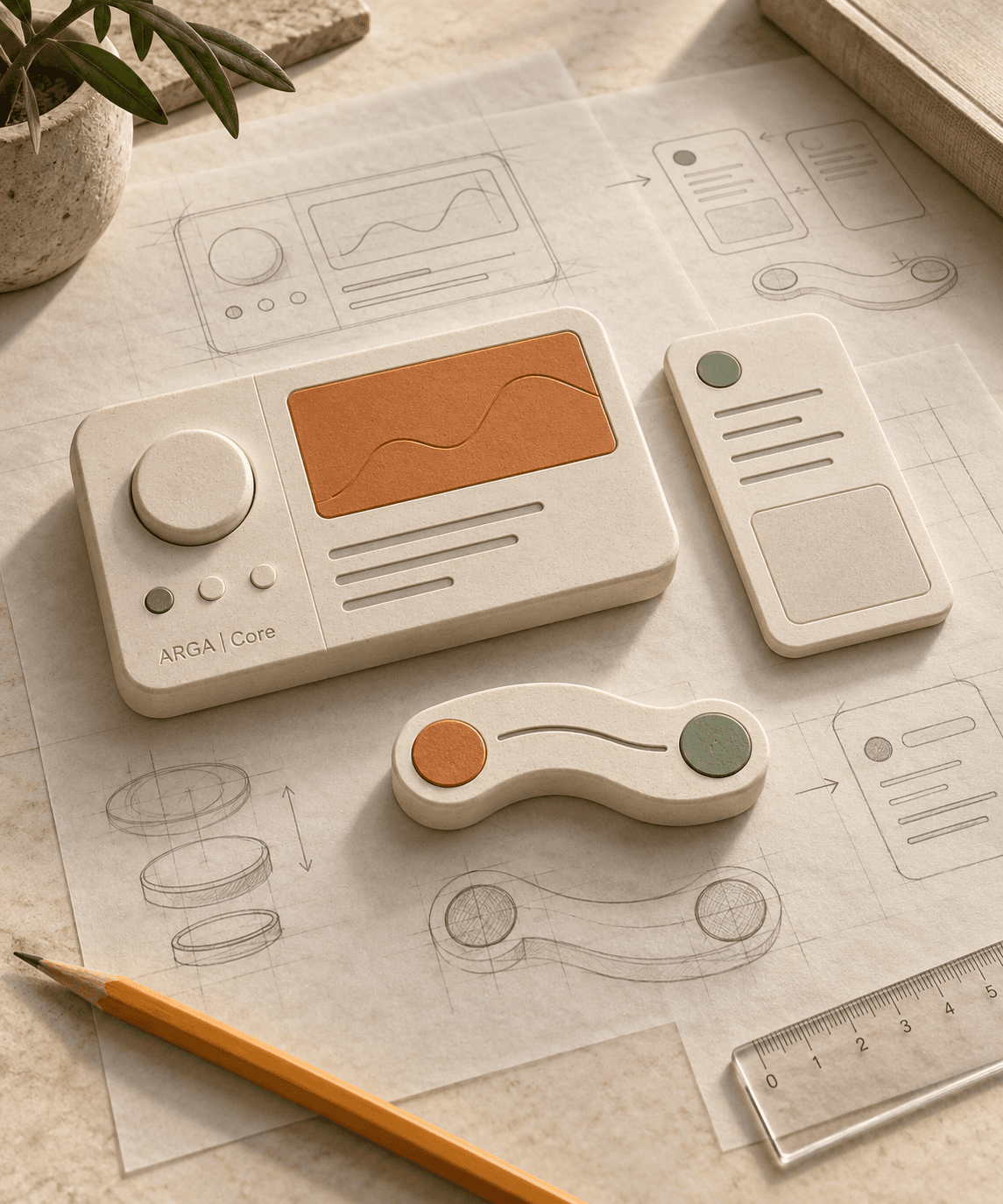 Modular ivory interface models arranged on drafting paper.