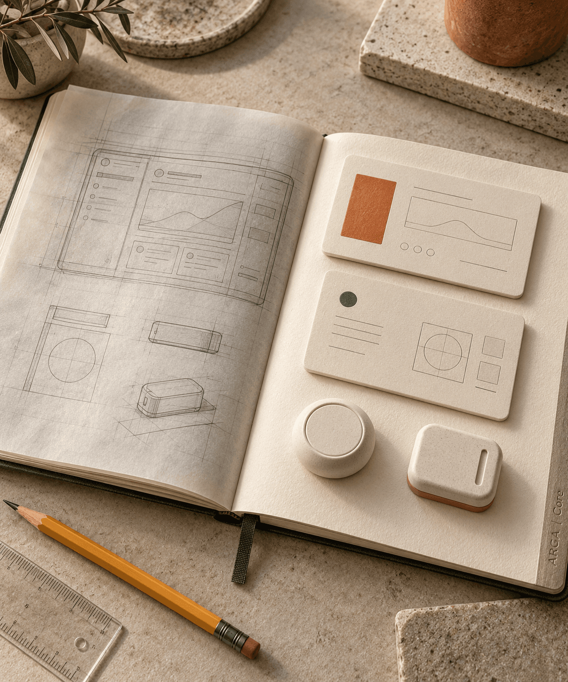 An open sketchbook with portfolio cards and a pencil.