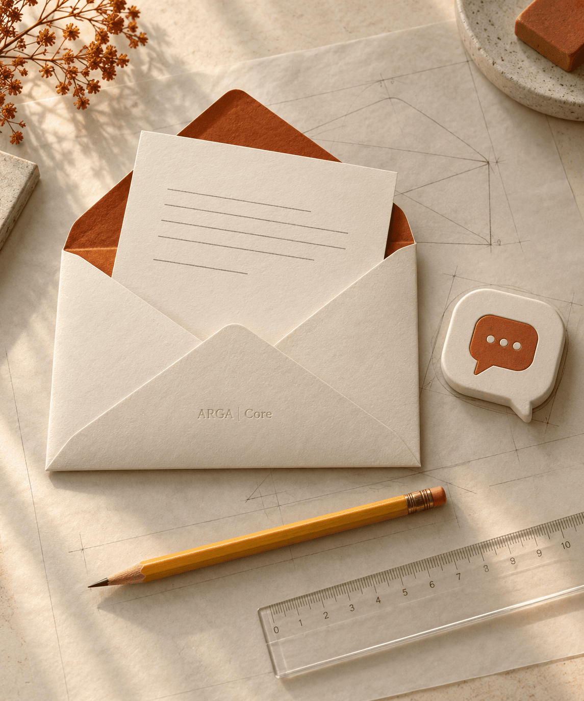 A paper envelope and letter resting on vellum.