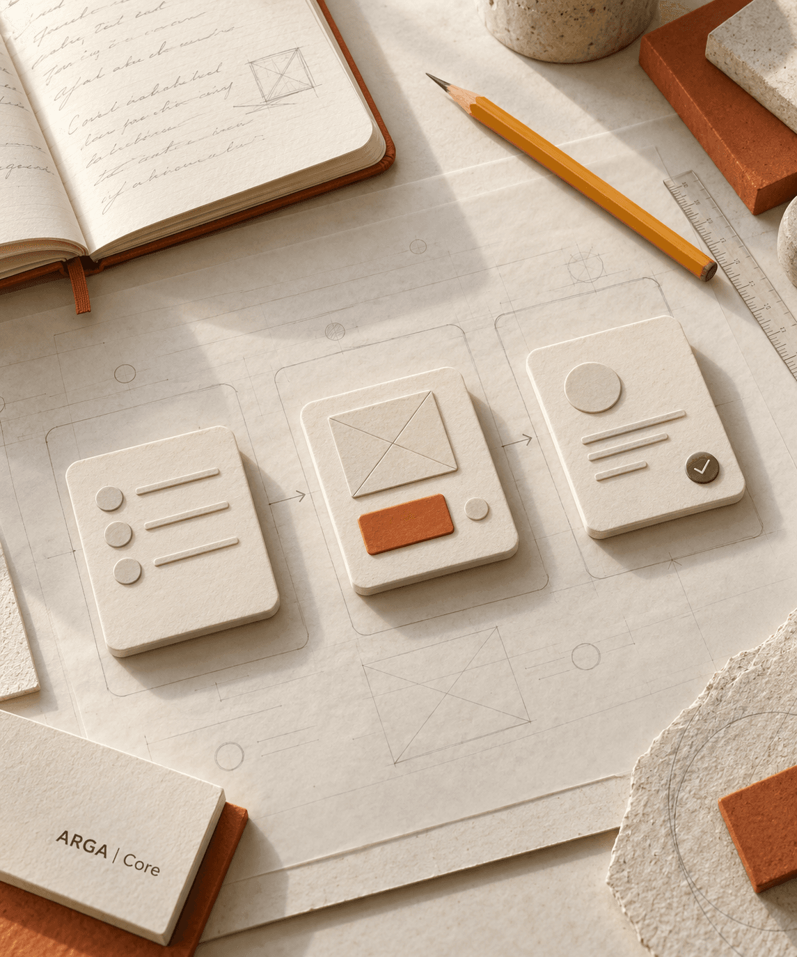Three ivory workflow prototypes on drafting paper beside a notebook and pencil.