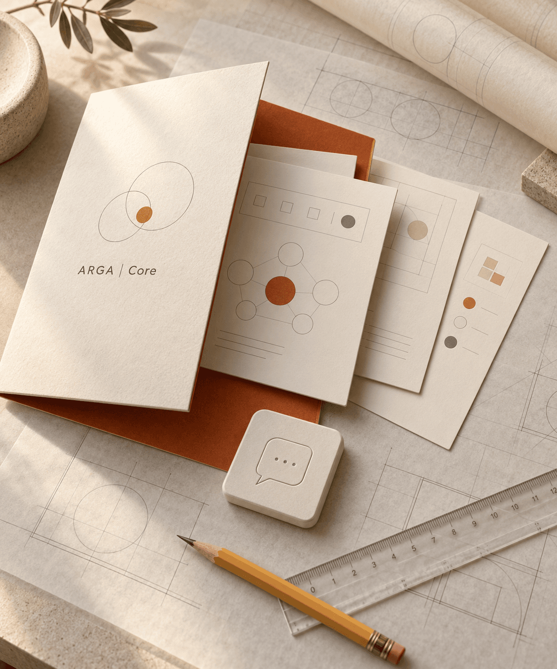 An ivory media-information folder with product cards on drafting vellum.